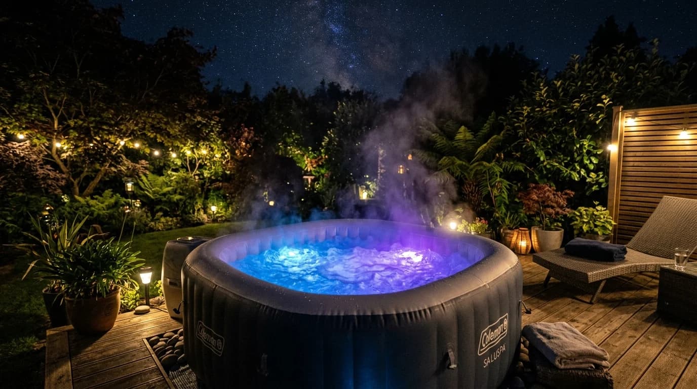 Hidromassagem inflável com iluminação LED à noite